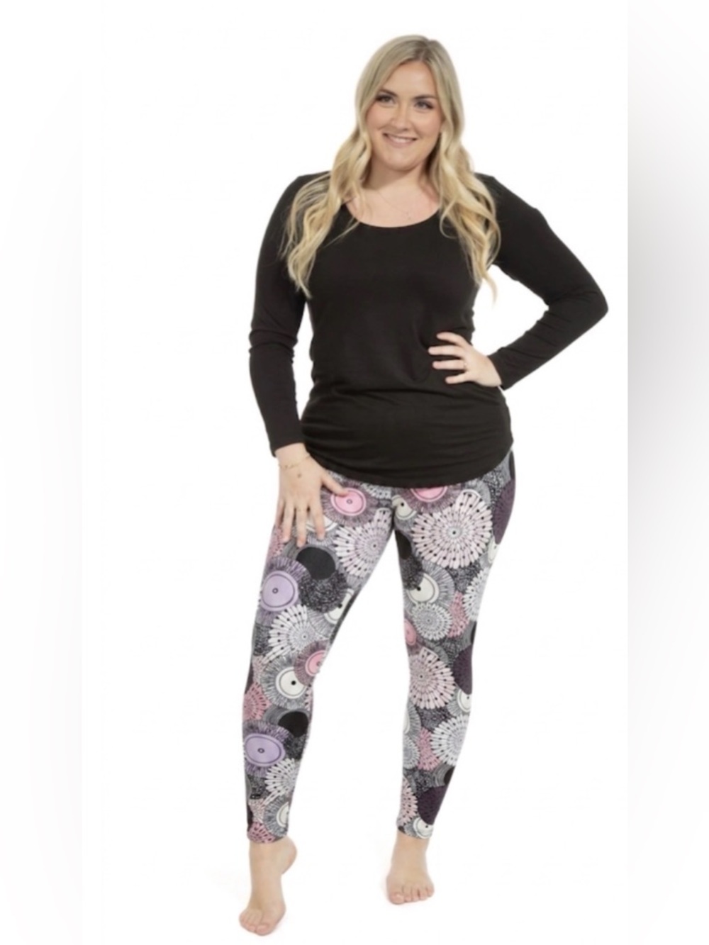 Plus Floral Medallion Print Leggings - Black & Pink